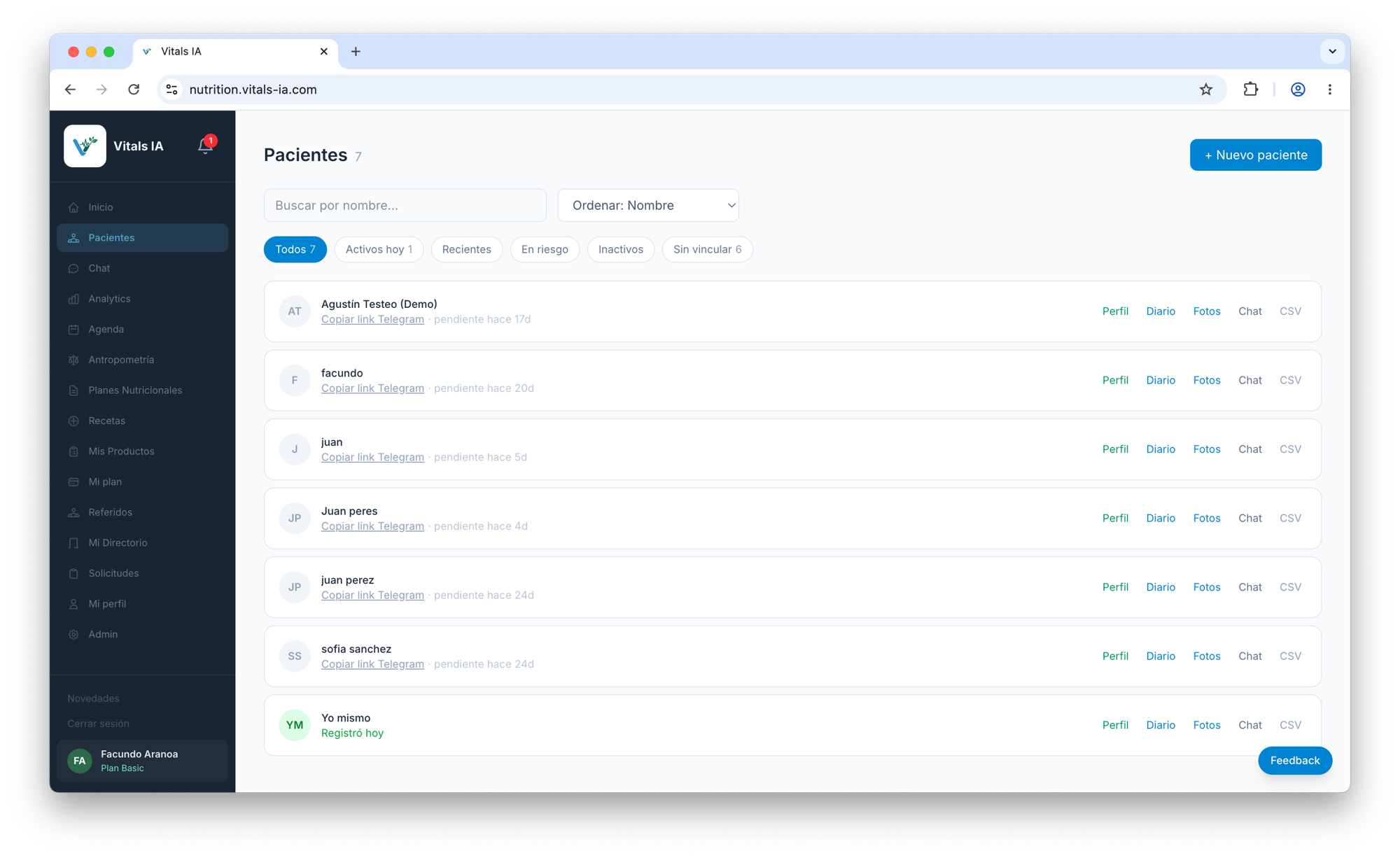 Lista de pacientes con filtros